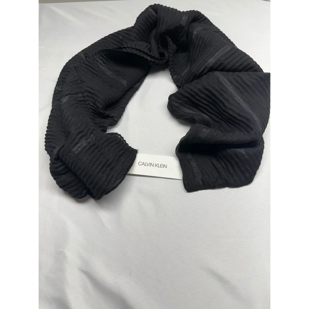 Calvin Klein Black Pleated Striped Lightweight Scarf Accessory Whimsigoth Gothic